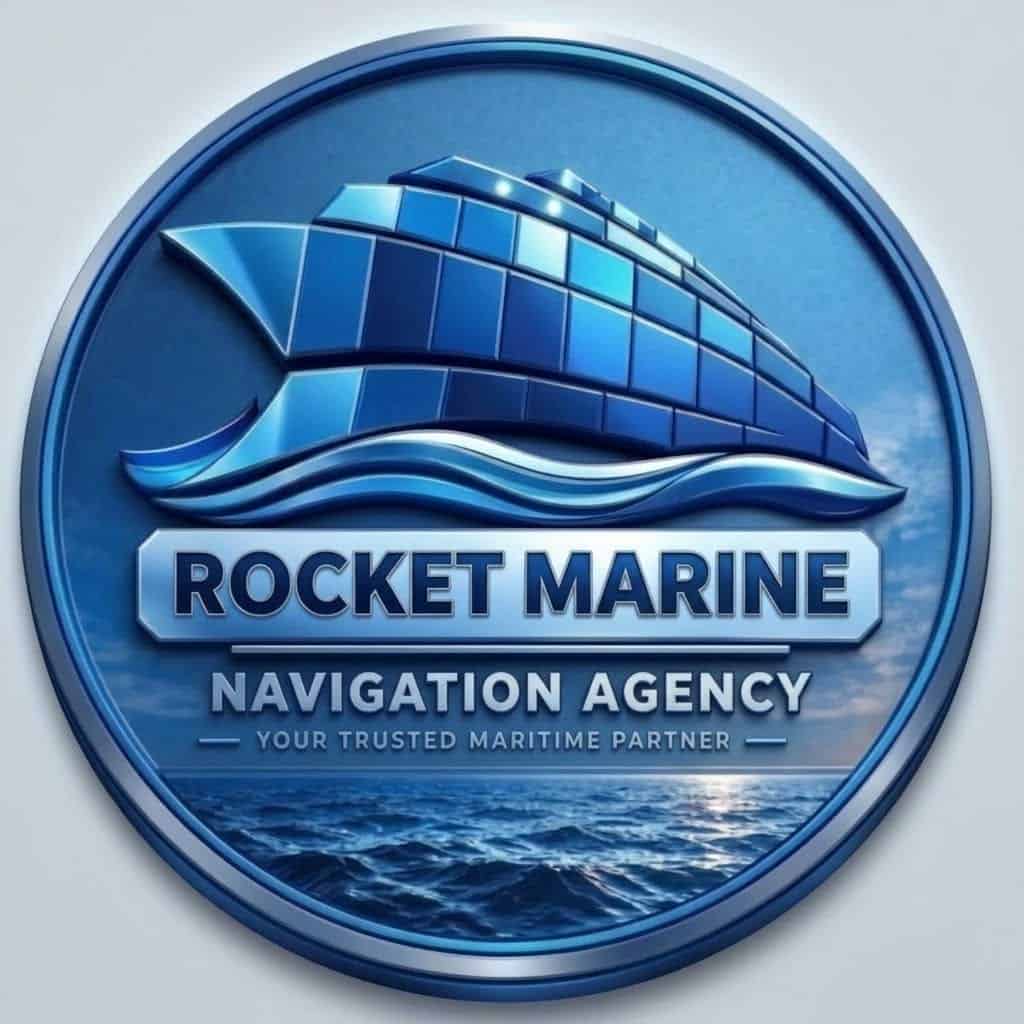 Rocket Marine logo with a cruise ship and ocean waves in blue tones.